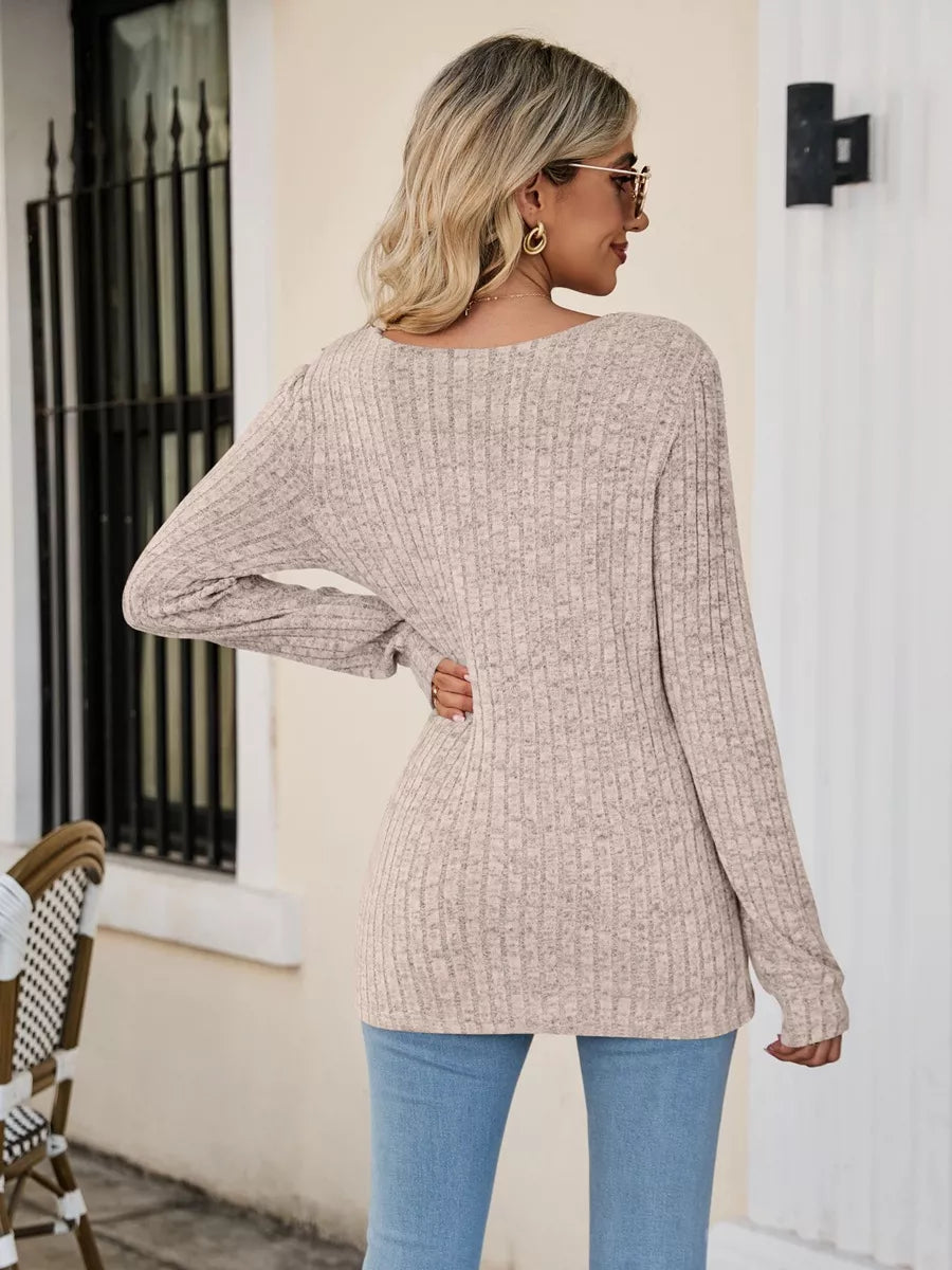 Ribbed Square Neck Long Sleeve T-Shirt Trendsi