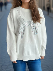 Outfit Flow - Sequin Bow Round Neck Long Sleeve Sweater