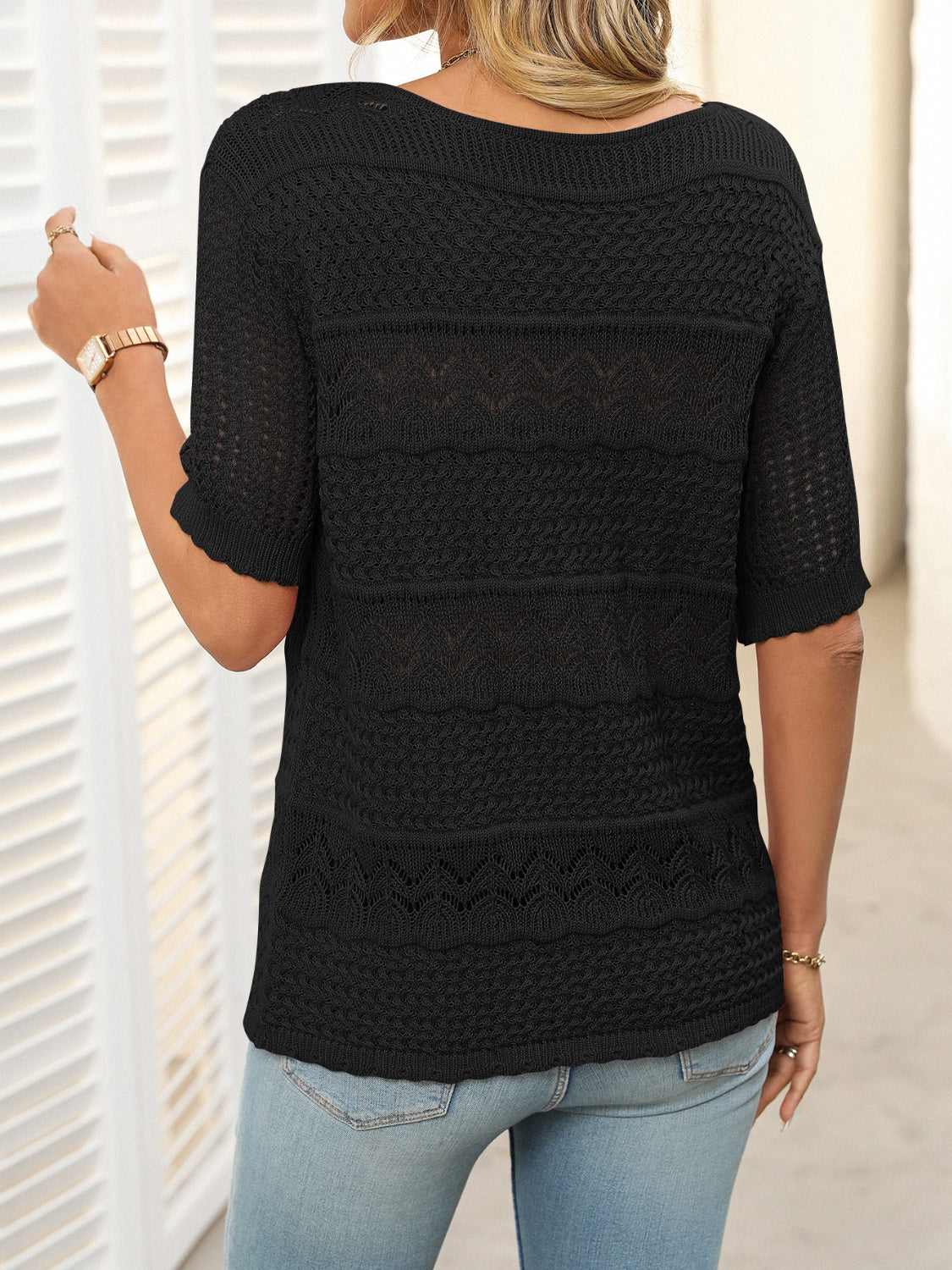 Mandy Openwork Round Neck Half Sleeve Knit Top