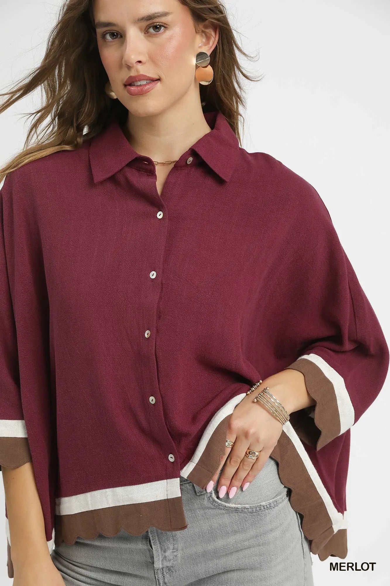 Umgee Colorblock Button-Down Shirt with Scallop Hem Trendsi