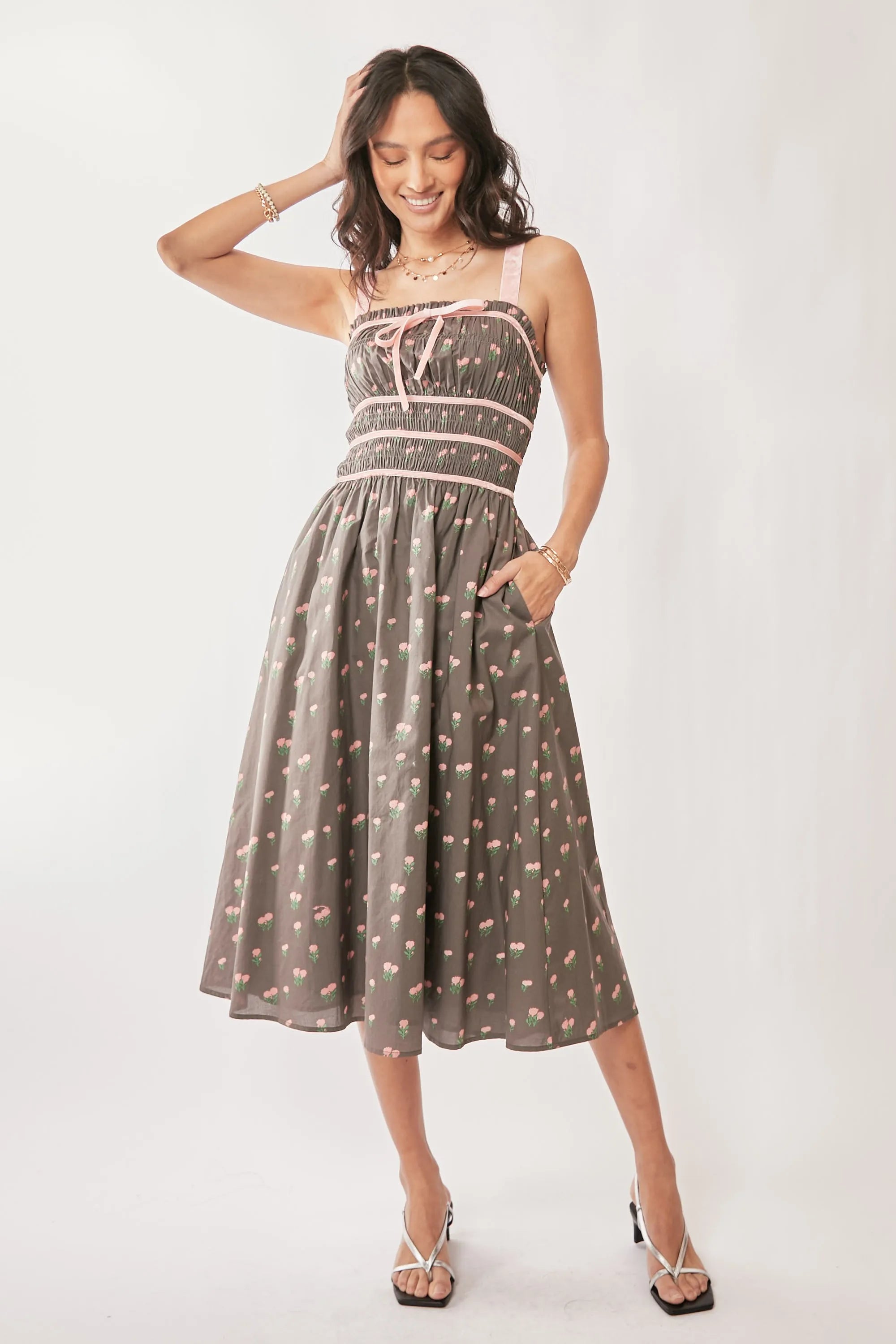 Davi & Dani Contrast Velvet Tape Smocking Bodice Midi Dress MOCHA BROWN OutfitFlow