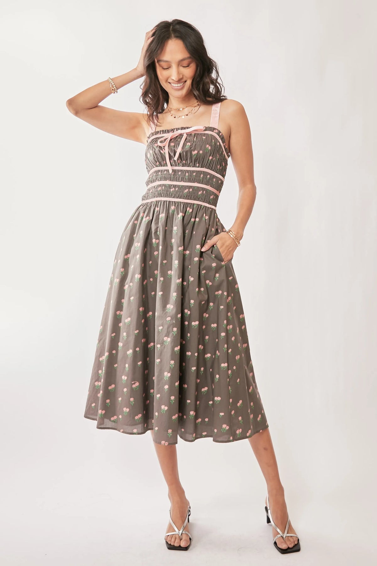 Davi & Dani Contrast Velvet Tape Smocking Bodice Midi Dress MOCHA BROWN OutfitFlow