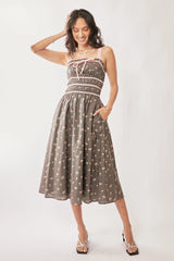 Davi & Dani Contrast Velvet Tape Smocking Bodice Midi Dress MOCHA BROWN OutfitFlow