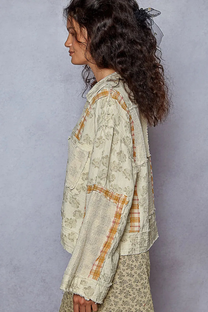 POL Raw Hem Zip Up Floral Jacket with Plaid and Crochet Patch OutfitFlow
