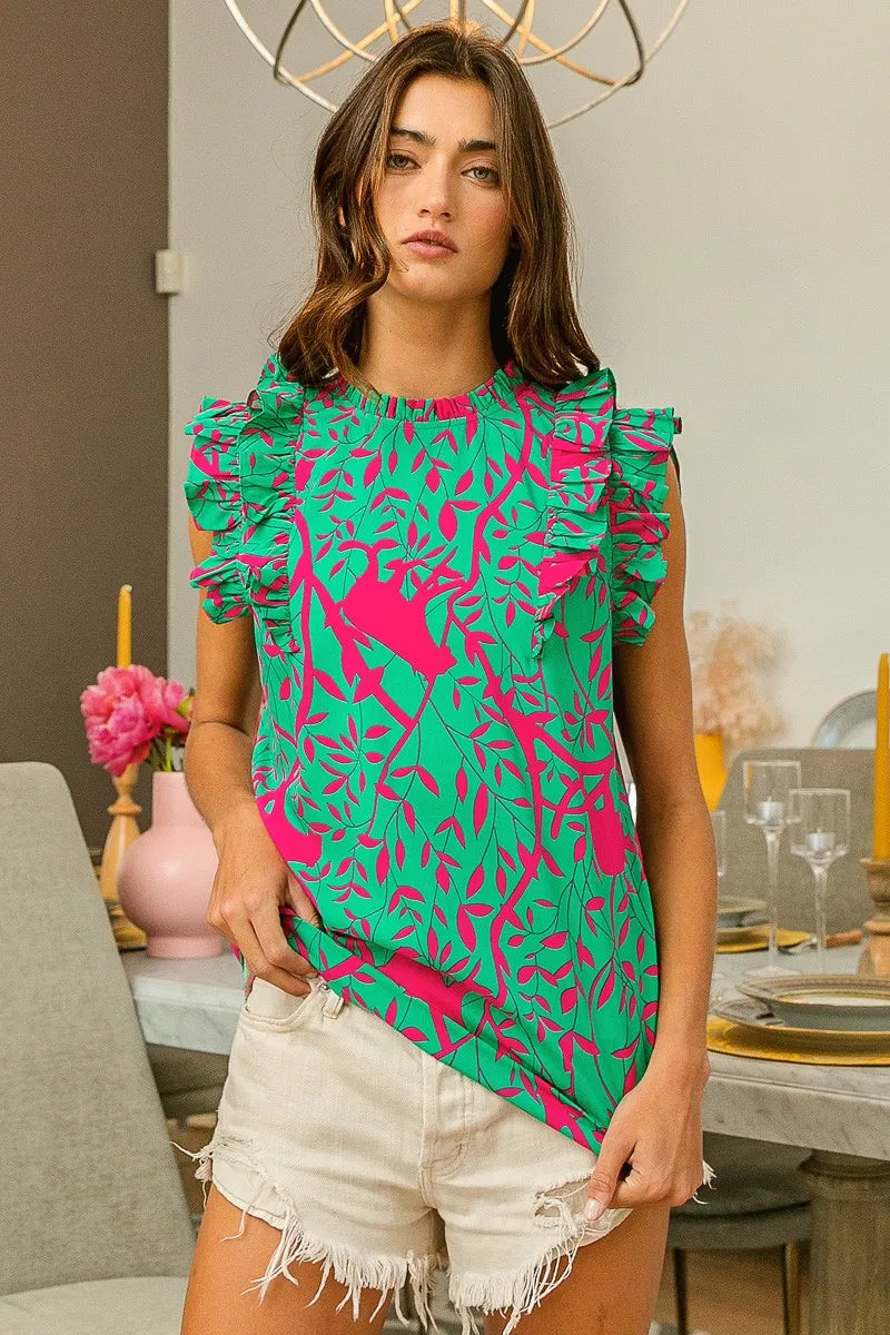 BiBi Leopard Leaves Print Woven Top OutfitFlow