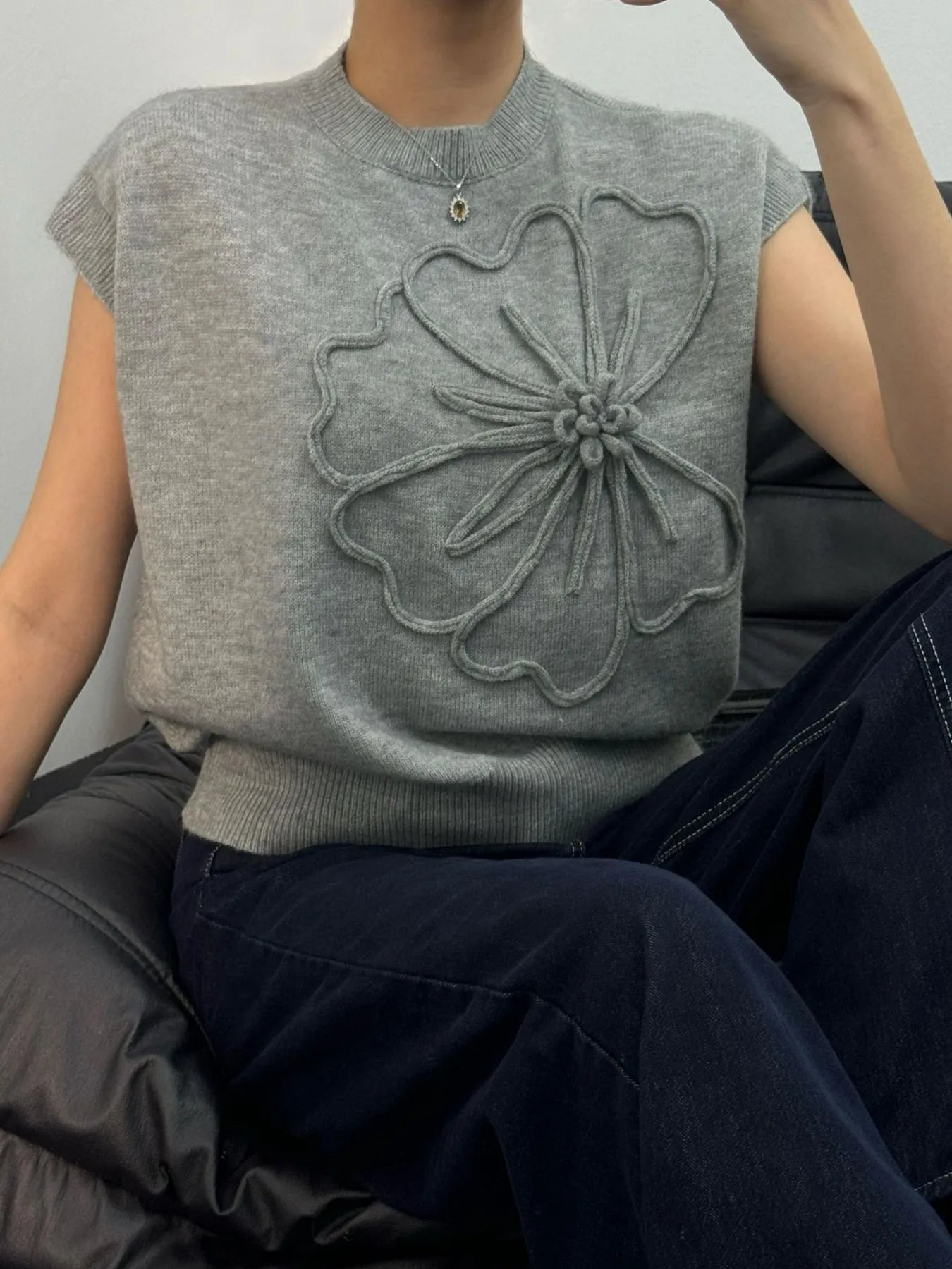 Flower Mock Neck Sweater Vest OutfitFlow