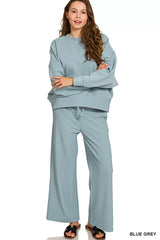 Zenana Ribbed Round Neck Pullover and Drawstring Pants Set BLUE GREY OutfitFlow