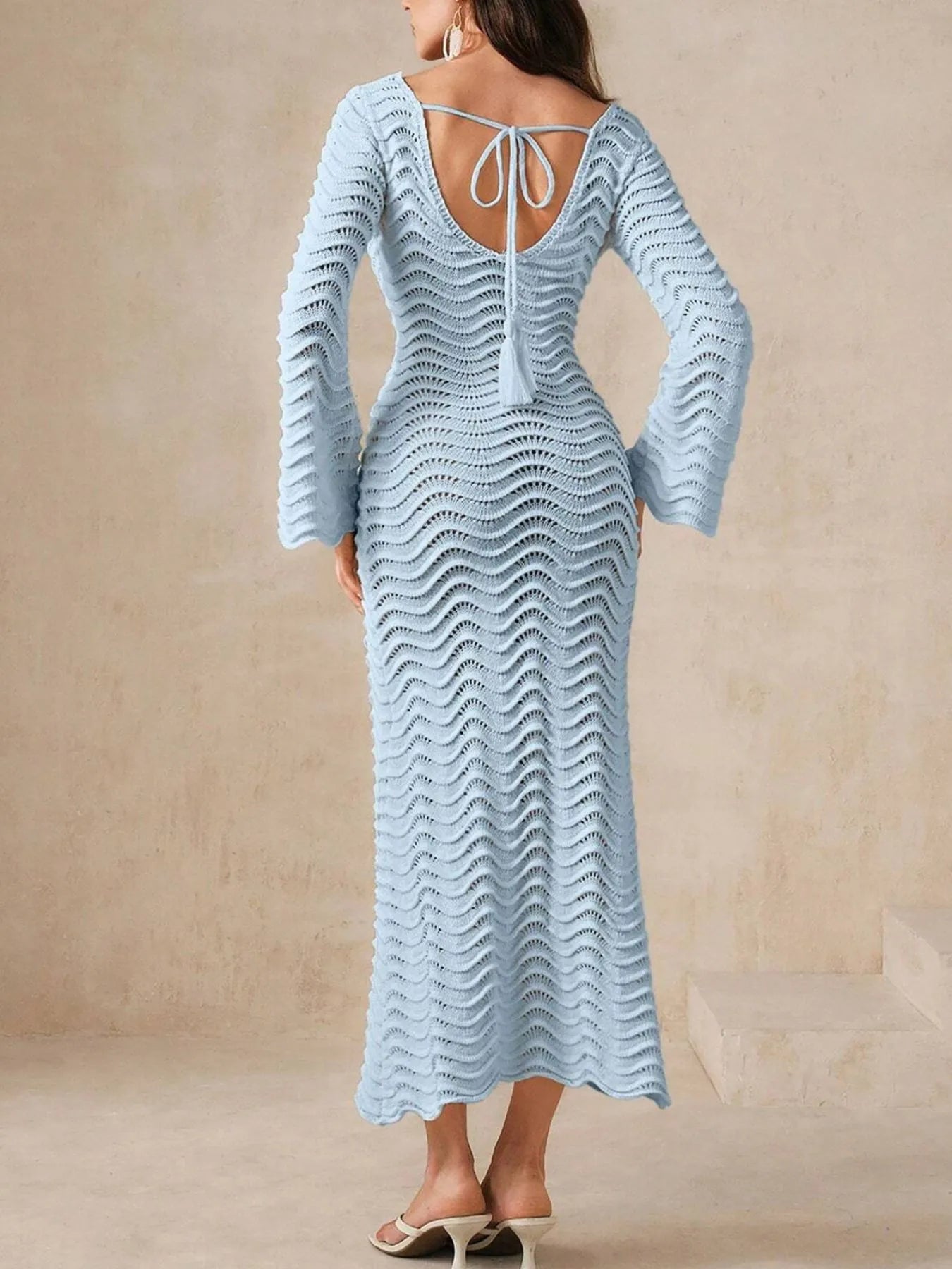 Wave Openwork Crochet Maxi Knit Dress OutfitFlow