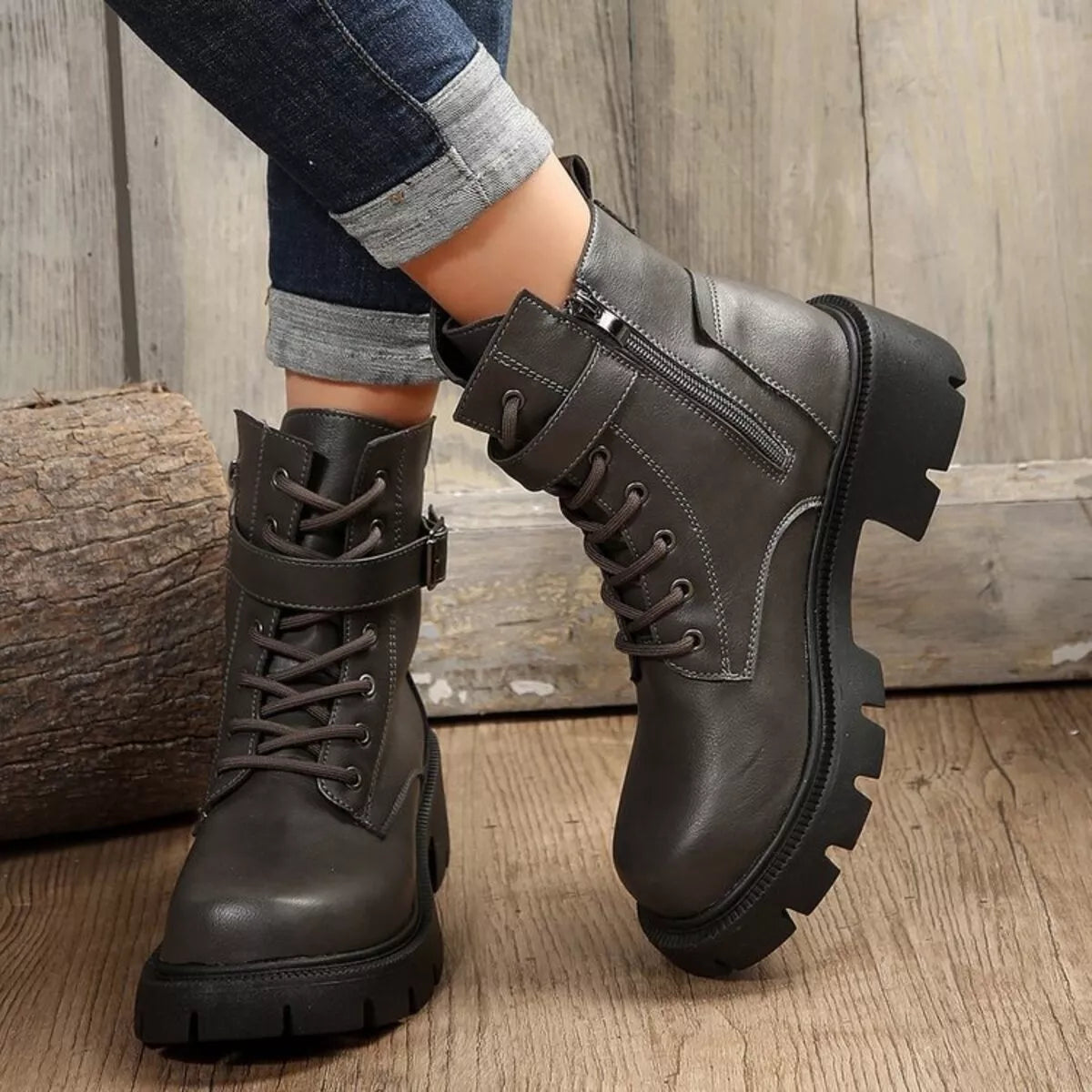 Lace-Up Buckle Accent Block Heel Boots Trendsi