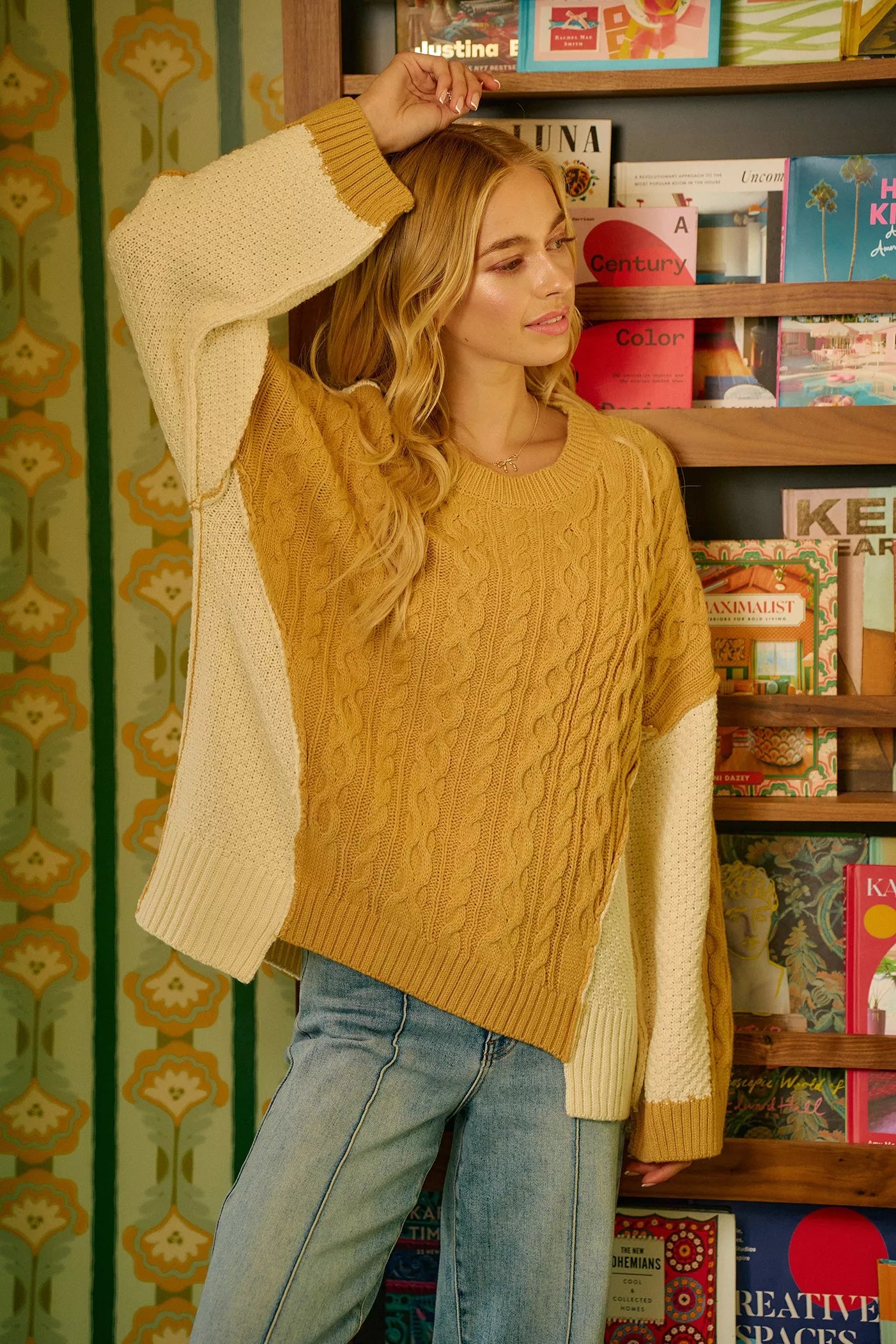 BiBi Cable Knit With Hacci Combo Sweater With Uneven Hem Detail Trendsi