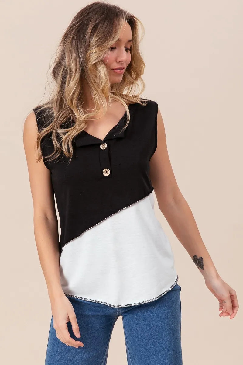 BiBi Color Block Contrast Stitching Buttoned Henley Top OutfitFlow