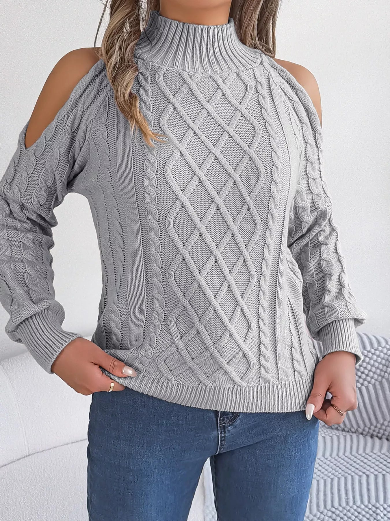 Cable Knit Cold Shoulder Turtleneck Sweater OutfitFlow