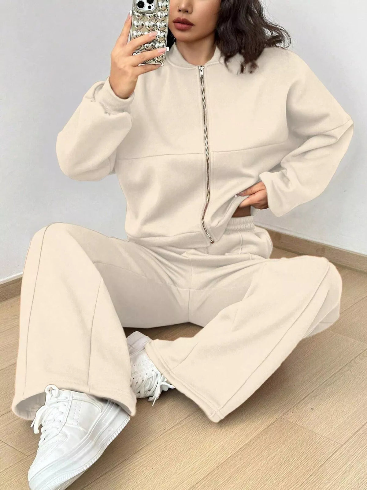 Casual Solid Color Zipper Jacket and Wide Leg Pants Set Apricot OutfitFlow