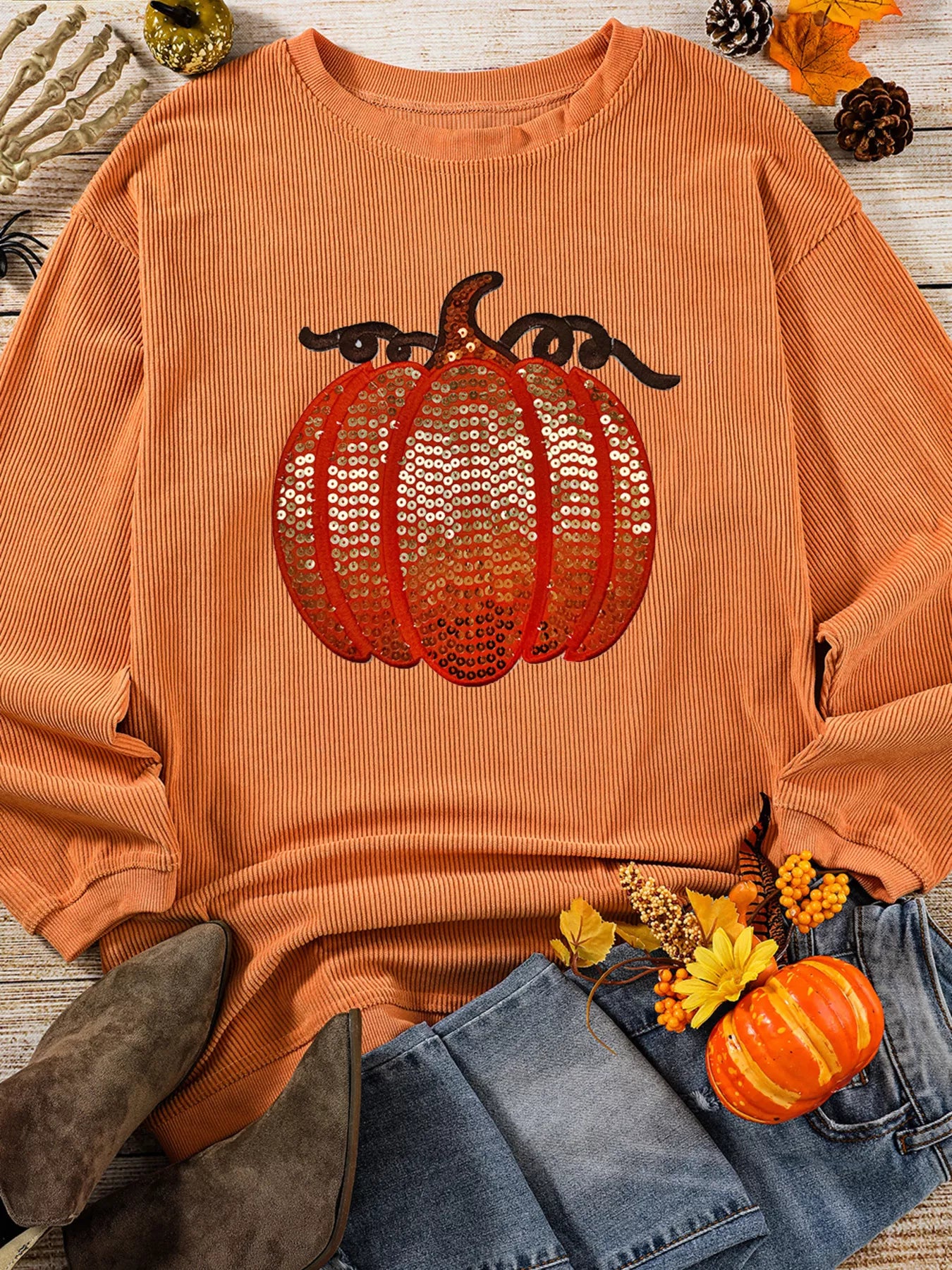 Halloween Sequined Pumpkin Ribbed Round Neck Sweatshirt OutfitFlow