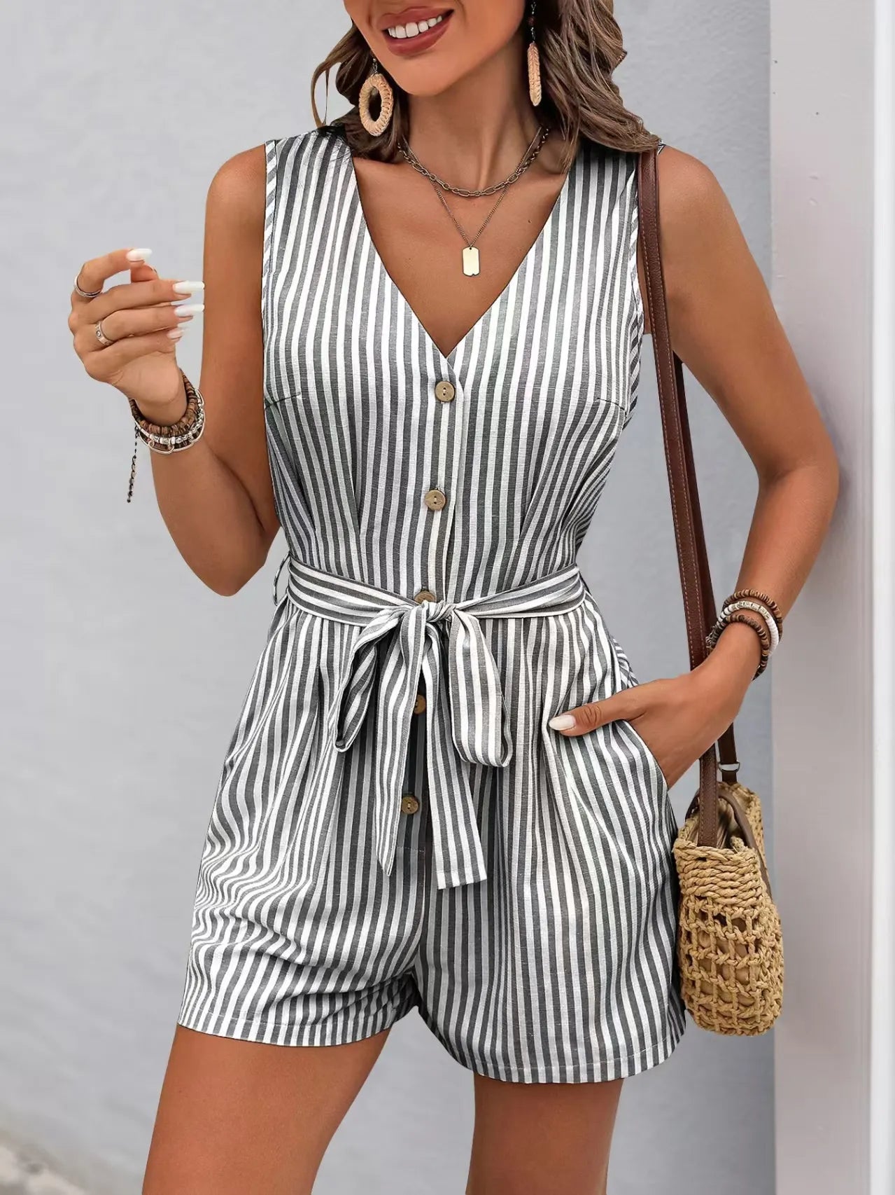 Striped V-neck Button Front Belted Romper Dark Gray OutfitFlow