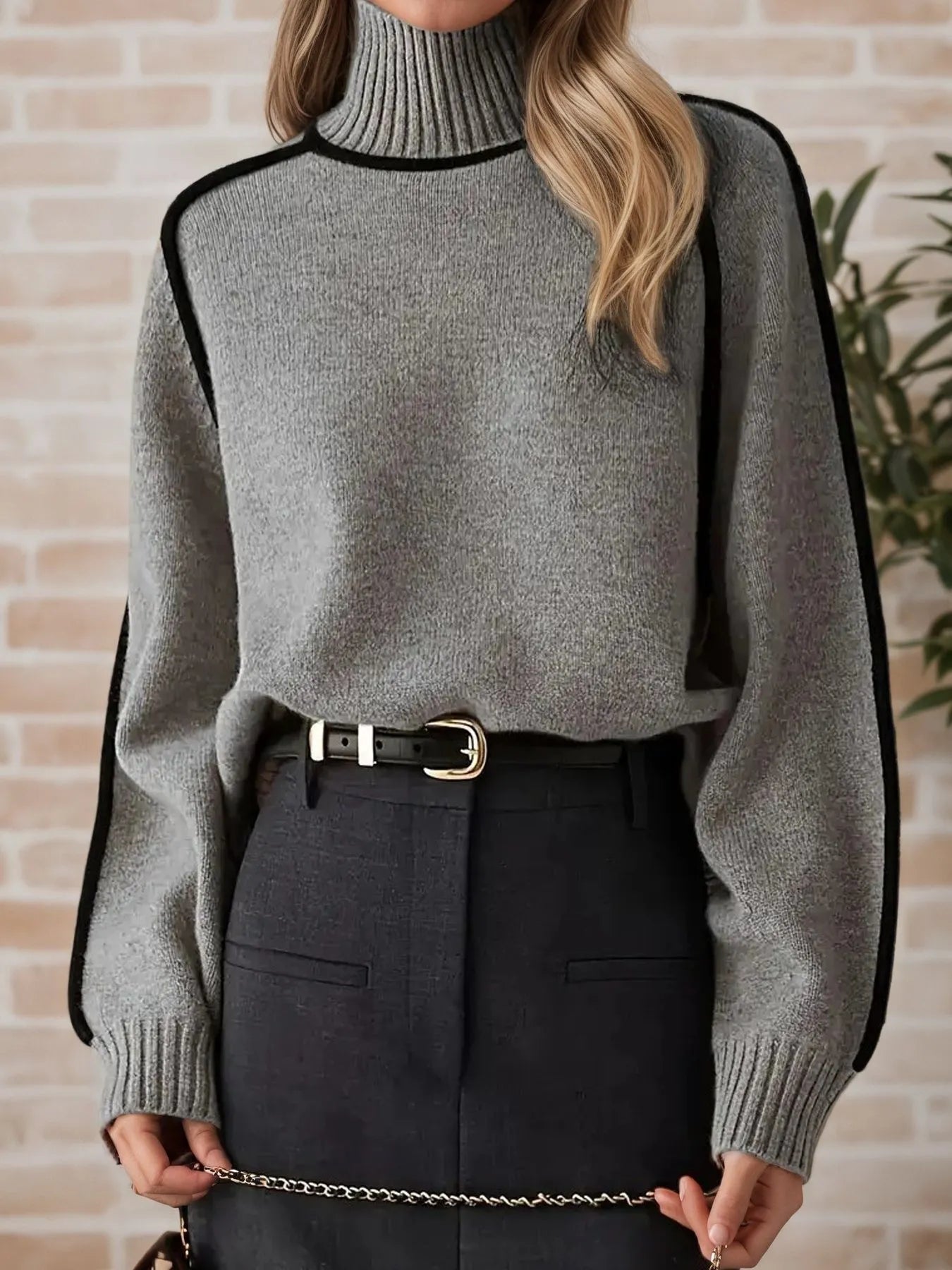 Contrast Trim Turtleneck Sweater Gray OutfitFlow