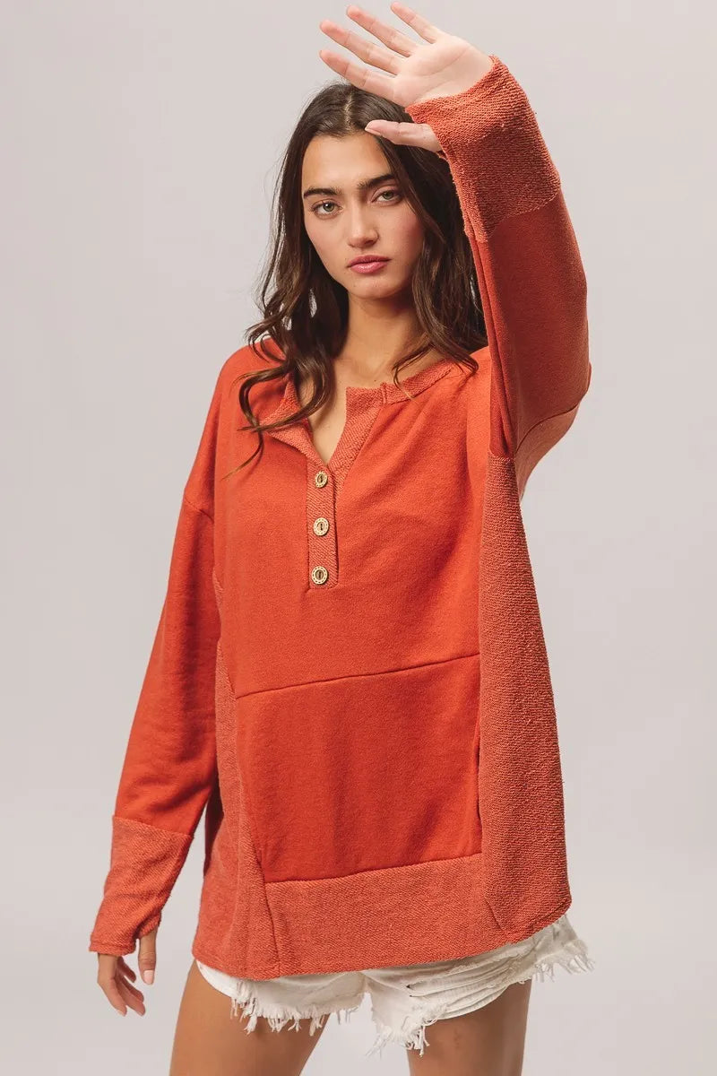 BiBi French Terry Knit Side Block Buttoned Henley Top Trendsi