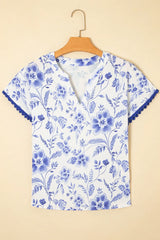 Floral Print Ricrac Trim Short Sleeve Blouse OutfitFlow
