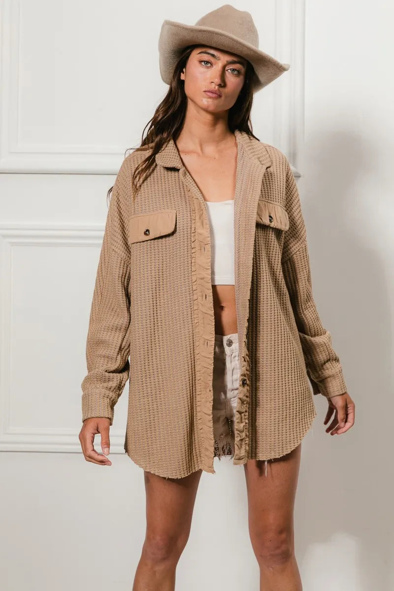 BiBi Heavy Waffle Oversized Shacket TAUPE OutfitFlow
