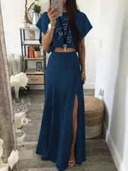 Round Neck Short Sleeve Top and Skirt Set OutfitFlow