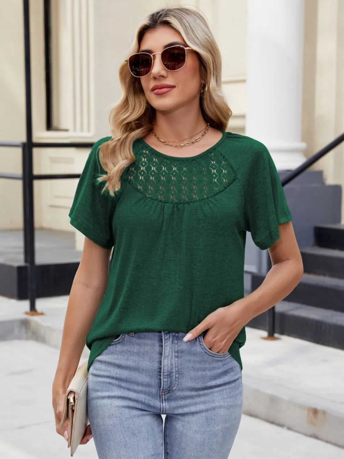 Lace Detail Round Neck Short Sleeve Blouse OutfitFlow