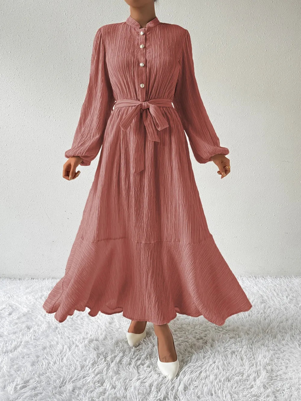 Honey Tie Waist Long Sleeve Dress Dusty Pink OutfitFlow