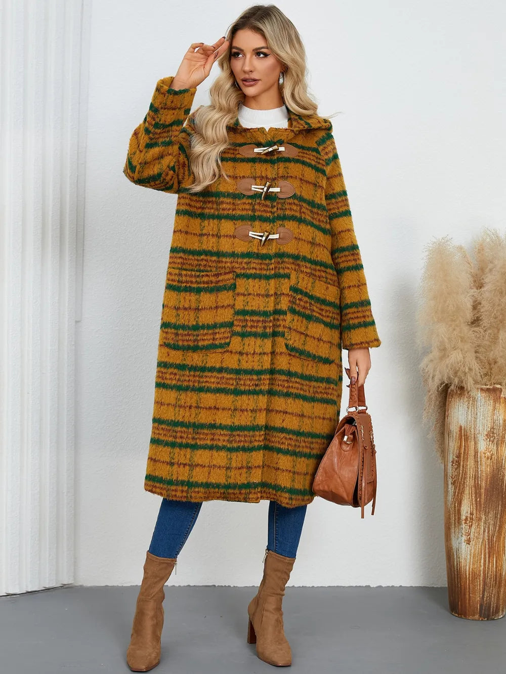 Plaid Long Sleeve Hooded Coat with Pockets OutfitFlow
