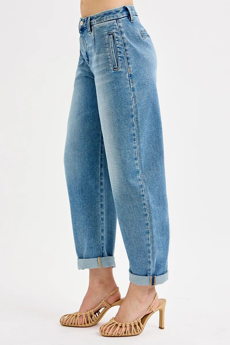 RISEN Full Size Mid Rise Fit Barrel Roll Up Jeans Plus Size OutfitFlow