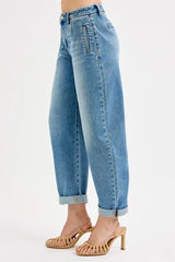 RISEN Full Size Mid Rise Fit Barrel Roll Up Jeans Plus Size OutfitFlow
