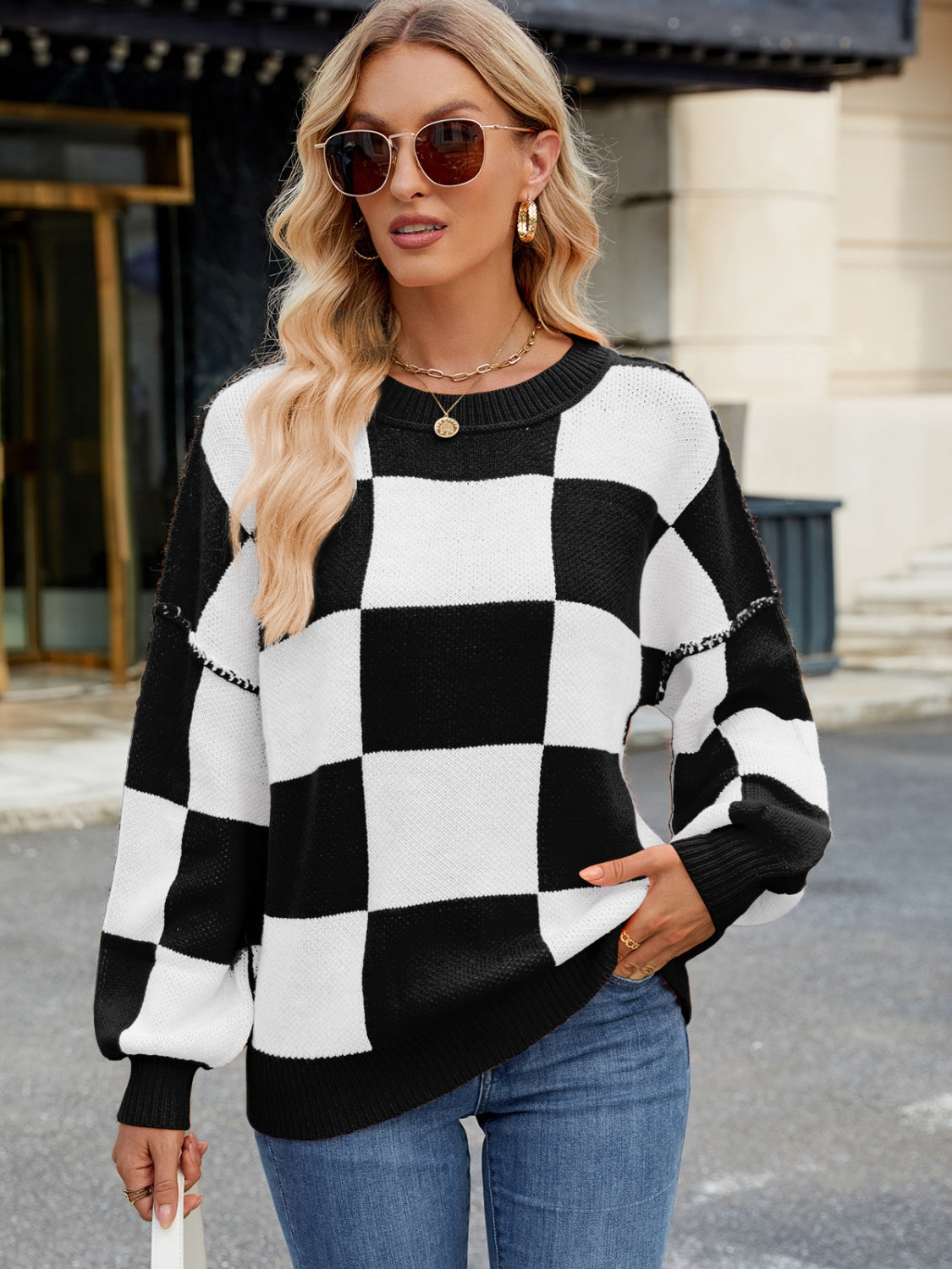 Outfit Flow - Checkered Round Neck Long Sleeve Sweater