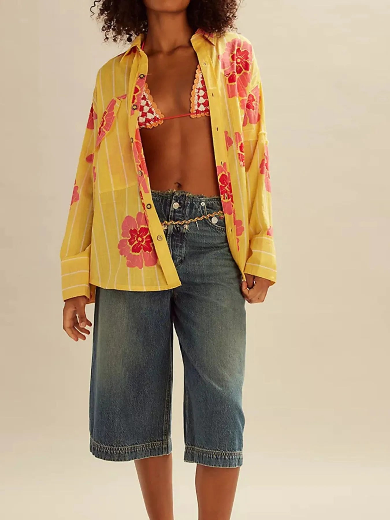 Printed Button-Up Long Sleeve Shirt OutfitFlow