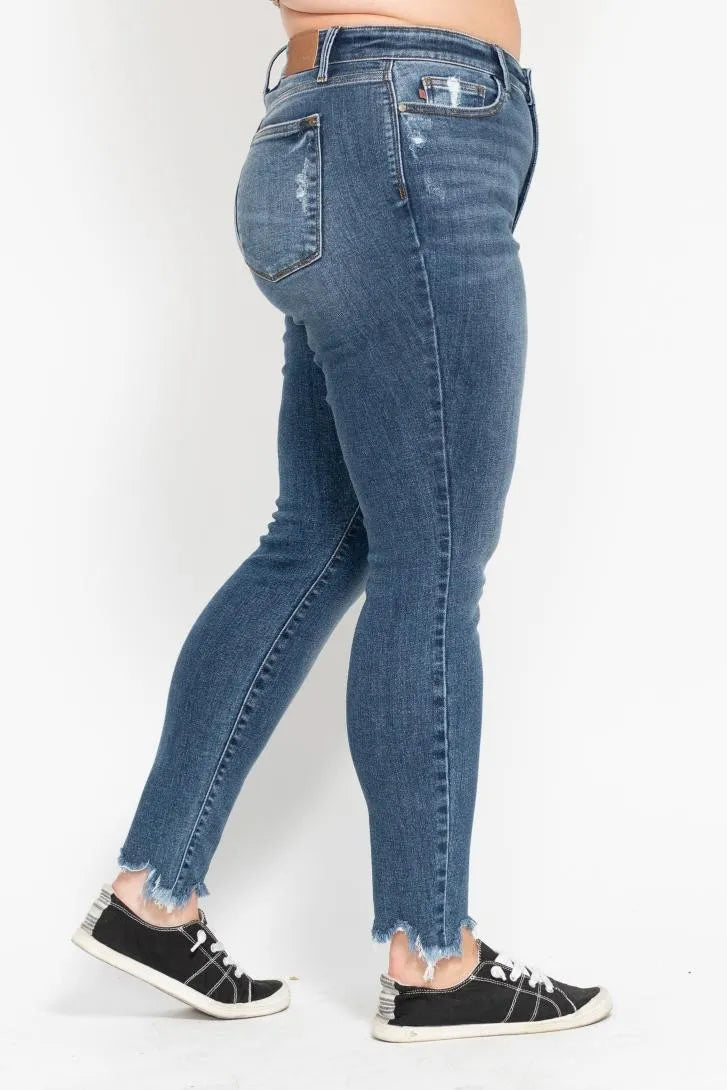 Judy Blue Plus Size High Waist Skinny with Destroy & Shark Bit Hem OutfitFlow