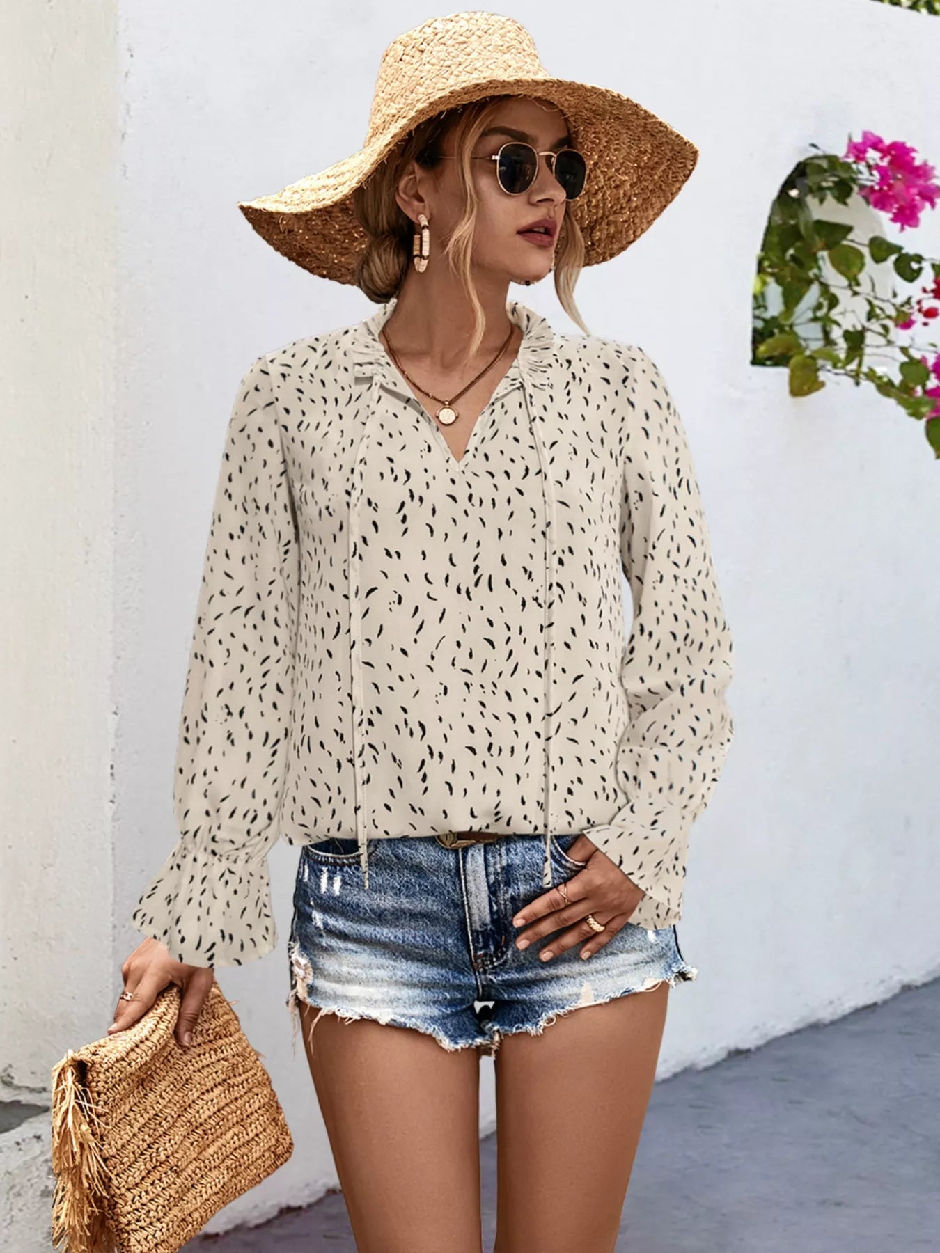 Ruffled Printed Tie Neck Long Sleeve Blouse White OutfitFlow