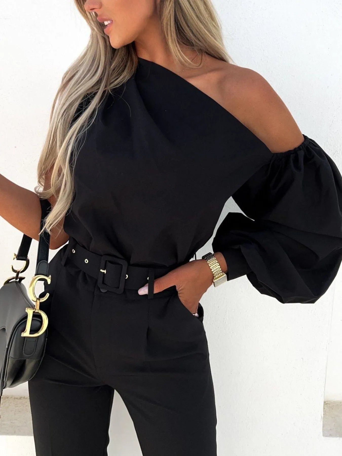 One Shoulder Puff Sleeve Blouse Black OutfitFlow