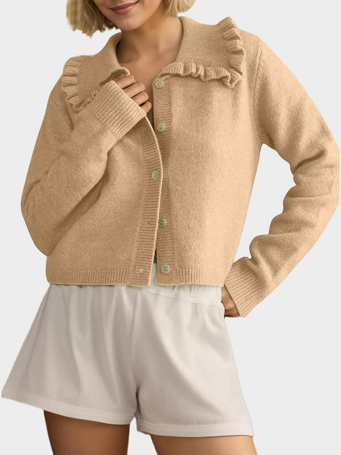 Frill Button Up Collared Neck Long Sleeve Cardigan Tan OutfitFlow