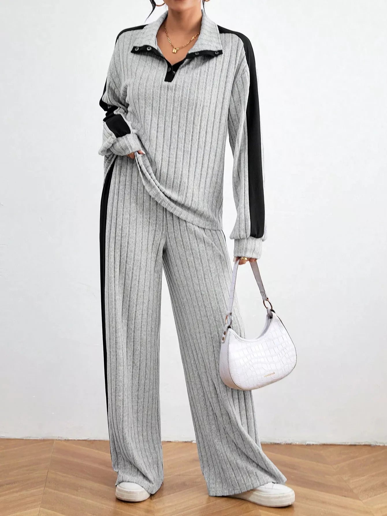 Ribbed Contrast Dropped Shoulder Top and Pants Set OutfitFlow