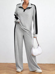 Ribbed Contrast Dropped Shoulder Top and Pants Set OutfitFlow