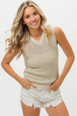 BiBi Knitted Beaded Pearl V Neck Sleveless Top OutfitFlow