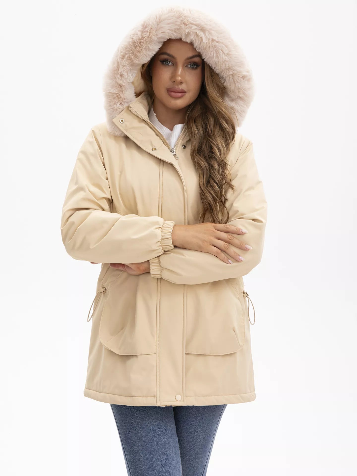 Full Size Fur Hooded Warm Winter Parka Outerwear Plus Size Khaki OutfitFlow