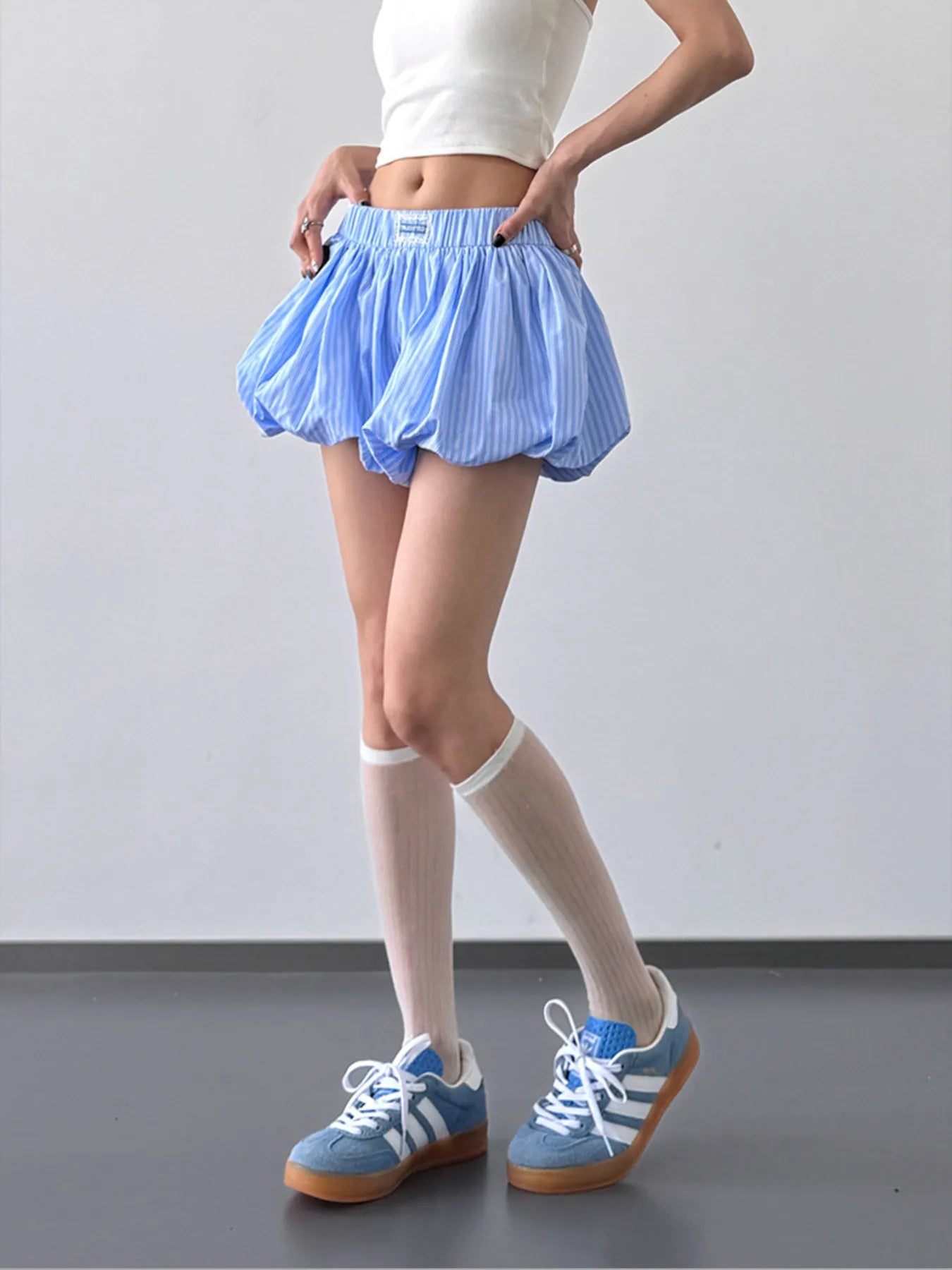 Striped Bubble Hem Casual Shorts OutfitFlow