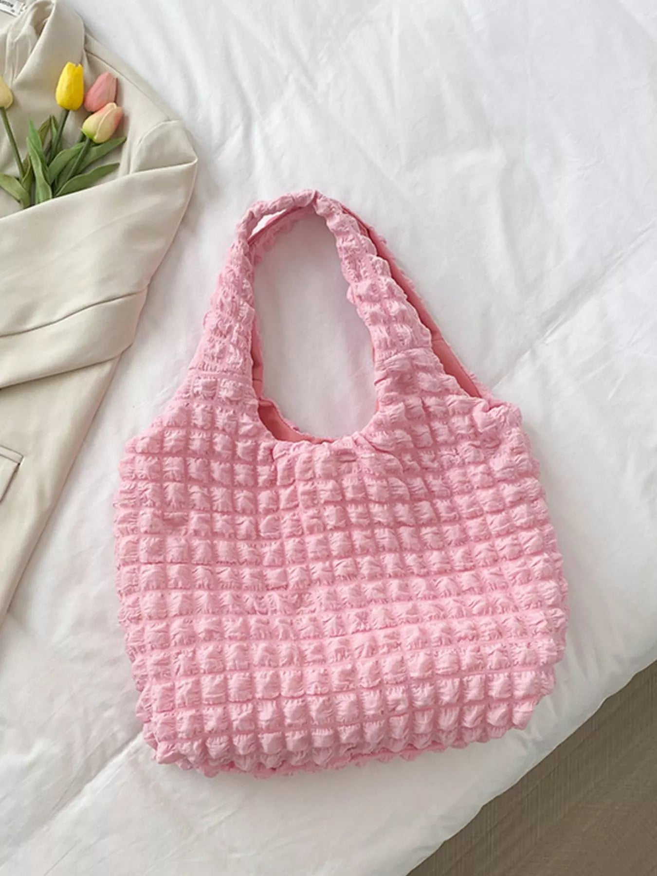Textured Ruched Shoulder Bag Pink One Size OutfitFlow