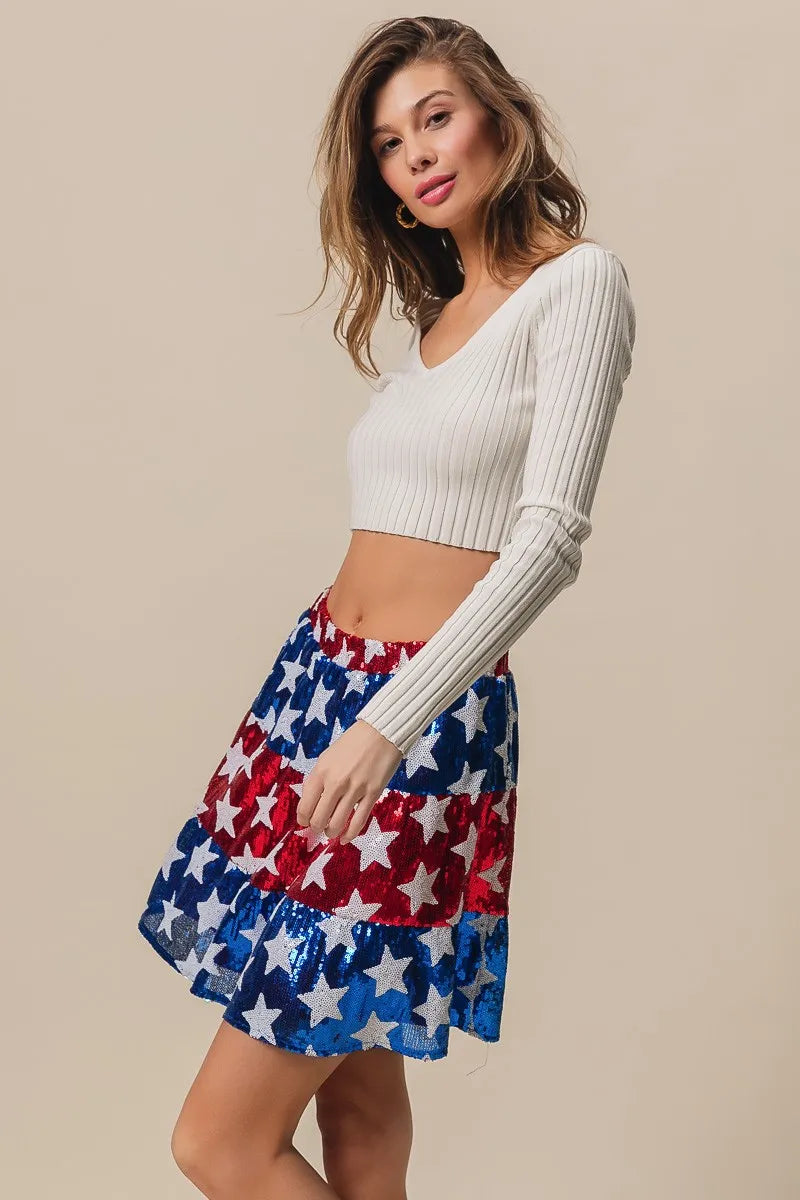 BiBi American Flag Theme Star Sequin Tiered Skirt OutfitFlow
