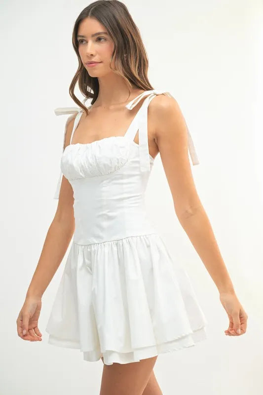 MABLE Shoulder Tie Corset Panel Mini Dress OutfitFlow