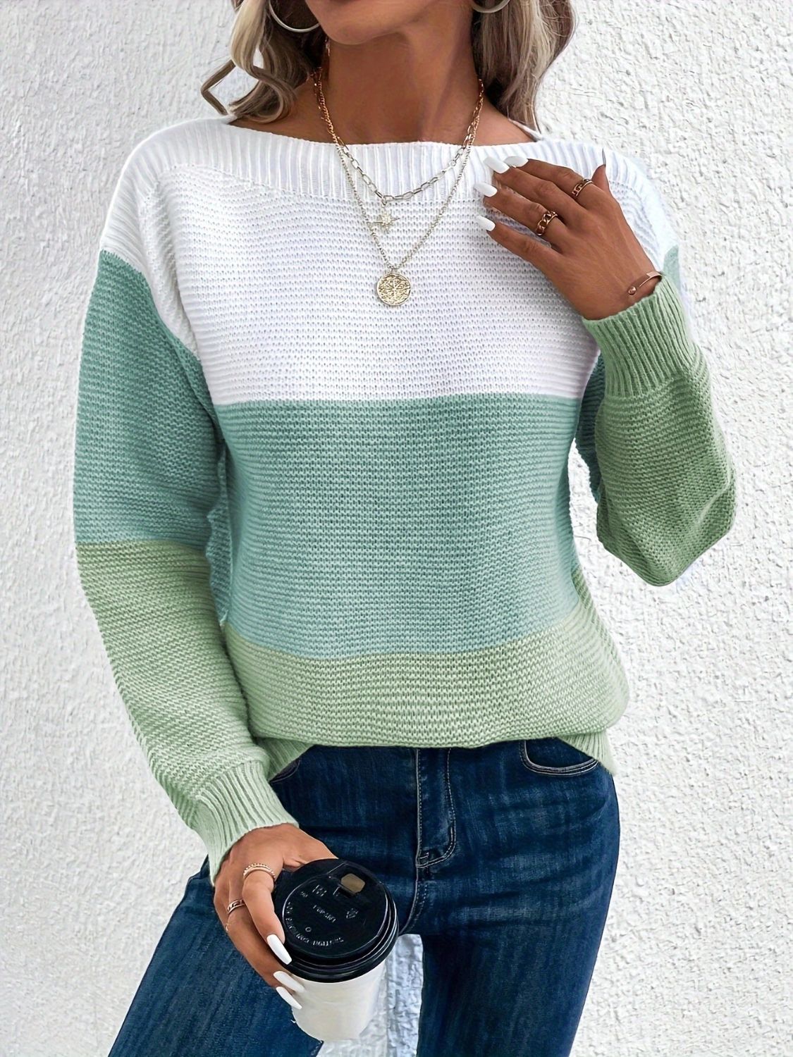 Outfit Flow - Color Block Boat Neck Sweater