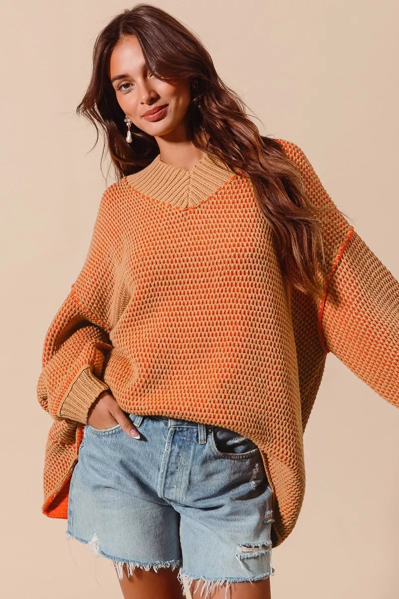 SO ME Oversized Two Tone Textured V Neck Sweater OutfitFlow