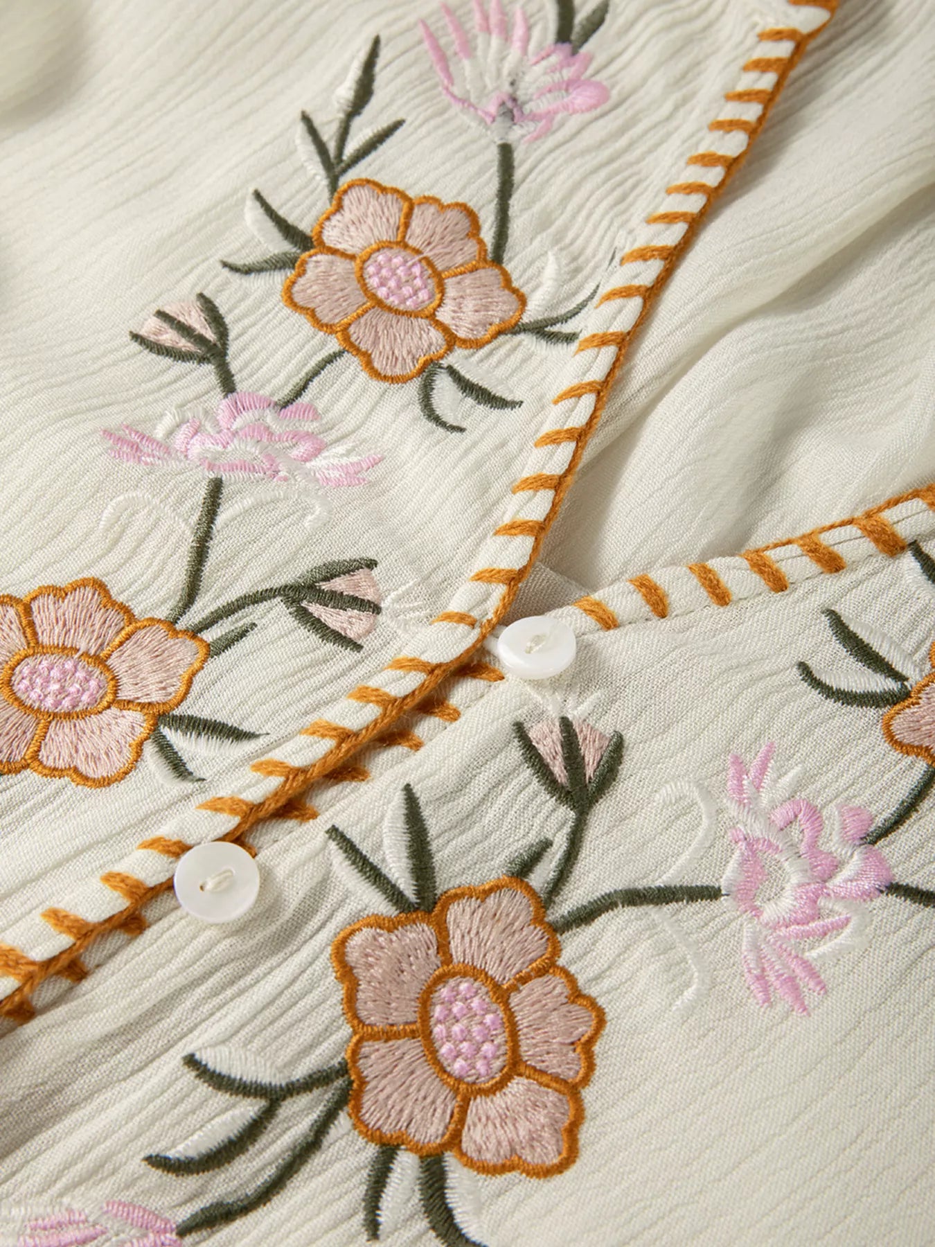 Floral Embroidered Textured Puff Sleeve Loose Shirt OutfitFlow