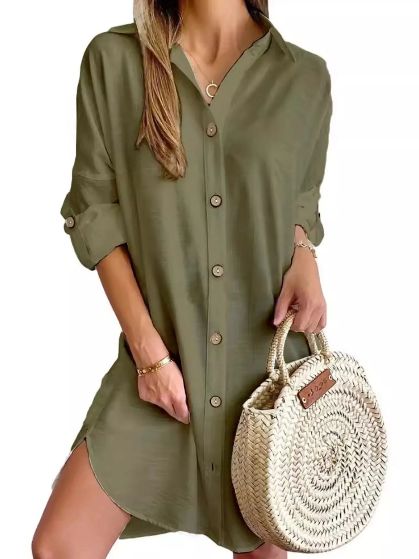 Button Down Long Sleeve Shirt Dress Green OutfitFlow