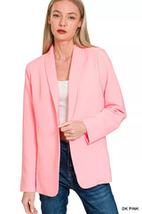 Zenana Woven Long Sleeve Blazer With Lining DK PINK OutfitFlow