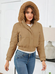 Pocketed Long Sleeve Cropped Hooded Winter Coat OutfitFlow