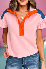 Color Block Half Buttoned Ruffled Short Sleeve T Shirt OutfitFlow